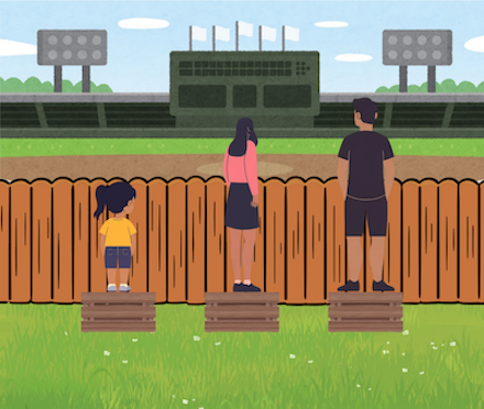 Illustration of two adults and one child watching a baseball game from behind a wooden fence. They are all standing on the same crate, but the child is too short to see over the fence and cannot watch the game.