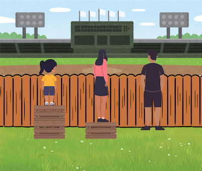 Illustration of two adults and one child watching a baseball game from behind a wooden fence. They are all standing on crates, with the child being given two crates in order to see over the fence and watch the game. 