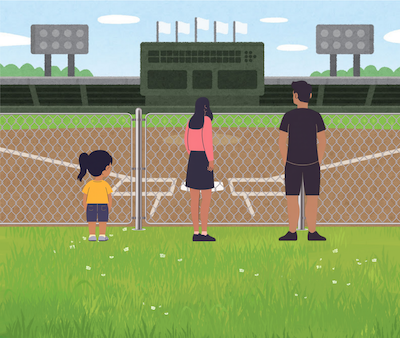Illustration of two adults and one child watching a baseball game from behind a chain link fence. They are all able to see the game without needing to stand on anything.