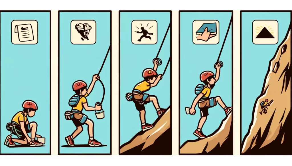 A multi-panel cartoon pictograph showing stages of skill development for climbing a mountain