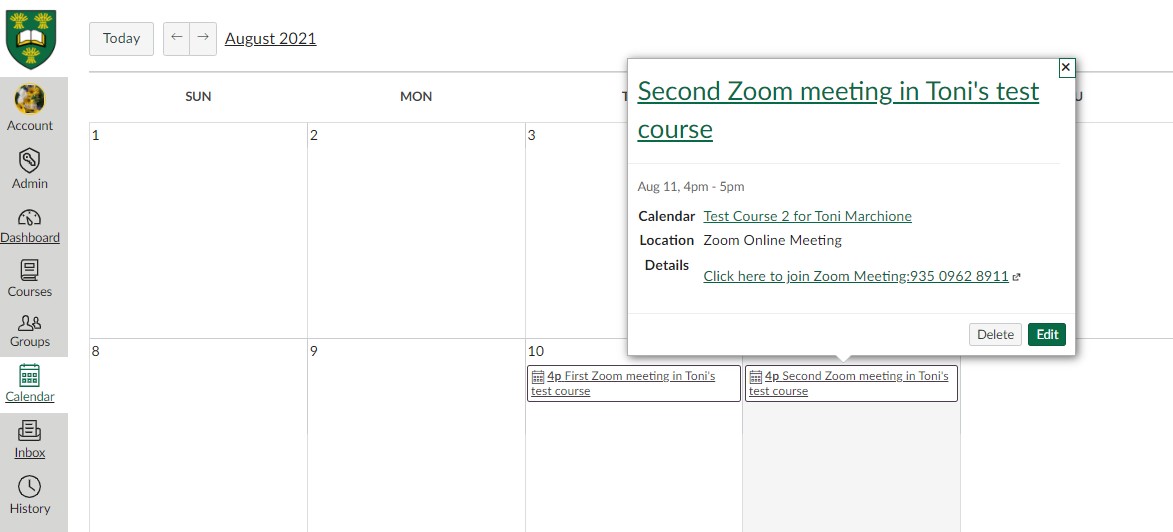 screen capture of joining zoom meeting from canvas calendar view