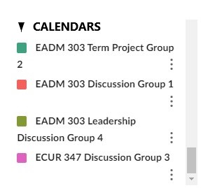 screen capture - calendars listed in Canvas