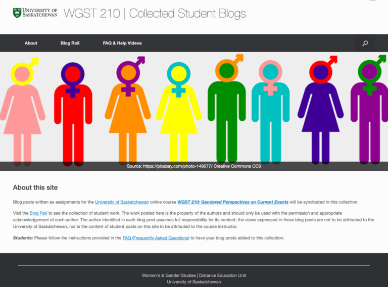 screenshot of the main page of WGST 210 student blog page