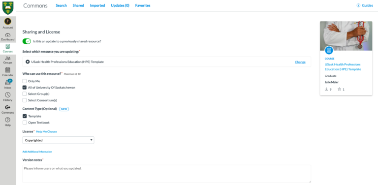 Screenshot of Canvas Commons when you are updating a resource.
