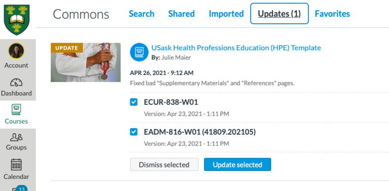 Screenshot showing the “Updates” area in Canvas Commons.