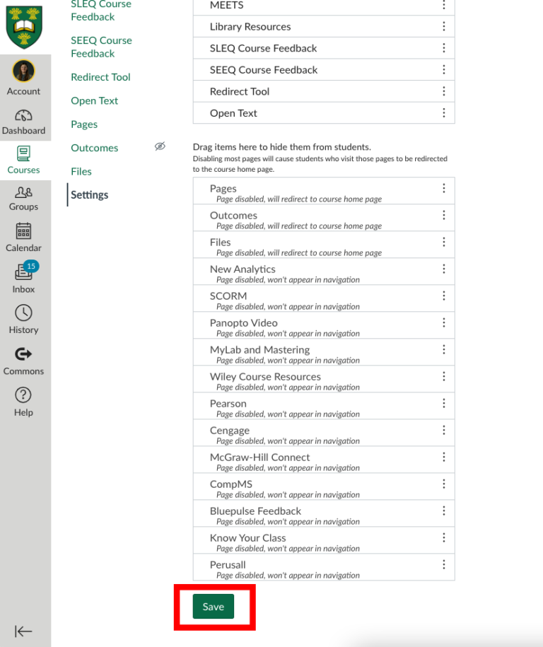 screenshot of canvas dashboard - Save button
