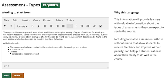 screen capture of syllabus generator "assessment types" section