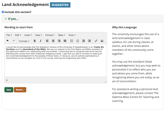 screen capture of syllabus generator "land acknowledgements" section