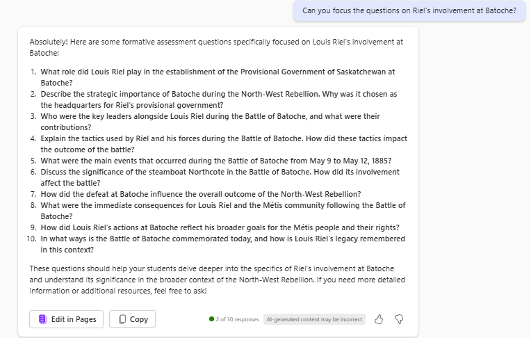 screen capture of example GenAI answers to the question "Can you focus the questions on Riel's involvement at Batoche?"
