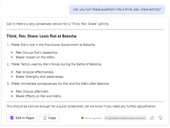 screen capture of example GenAI answers to the question "Can you turn these questions into a think, pair, share activity?"