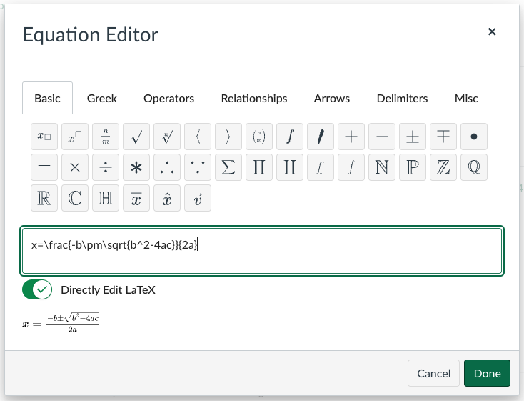 screen capture - equation editor in canvas
