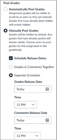 screen capture image: Canvas grade posting schedule menu