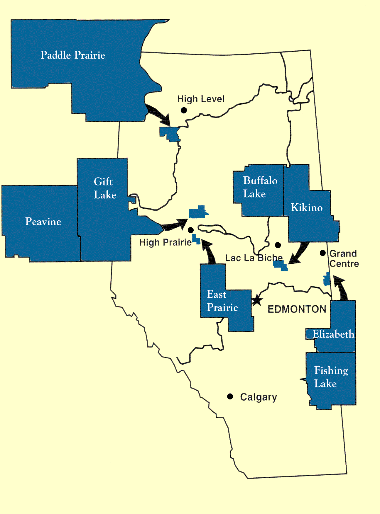Map of Métis settlements: Paddle Prairie, Peavine, Gift Lake, East Prairie, Buffalo Lake, Kikino, Elizabeth and Fishing Lake