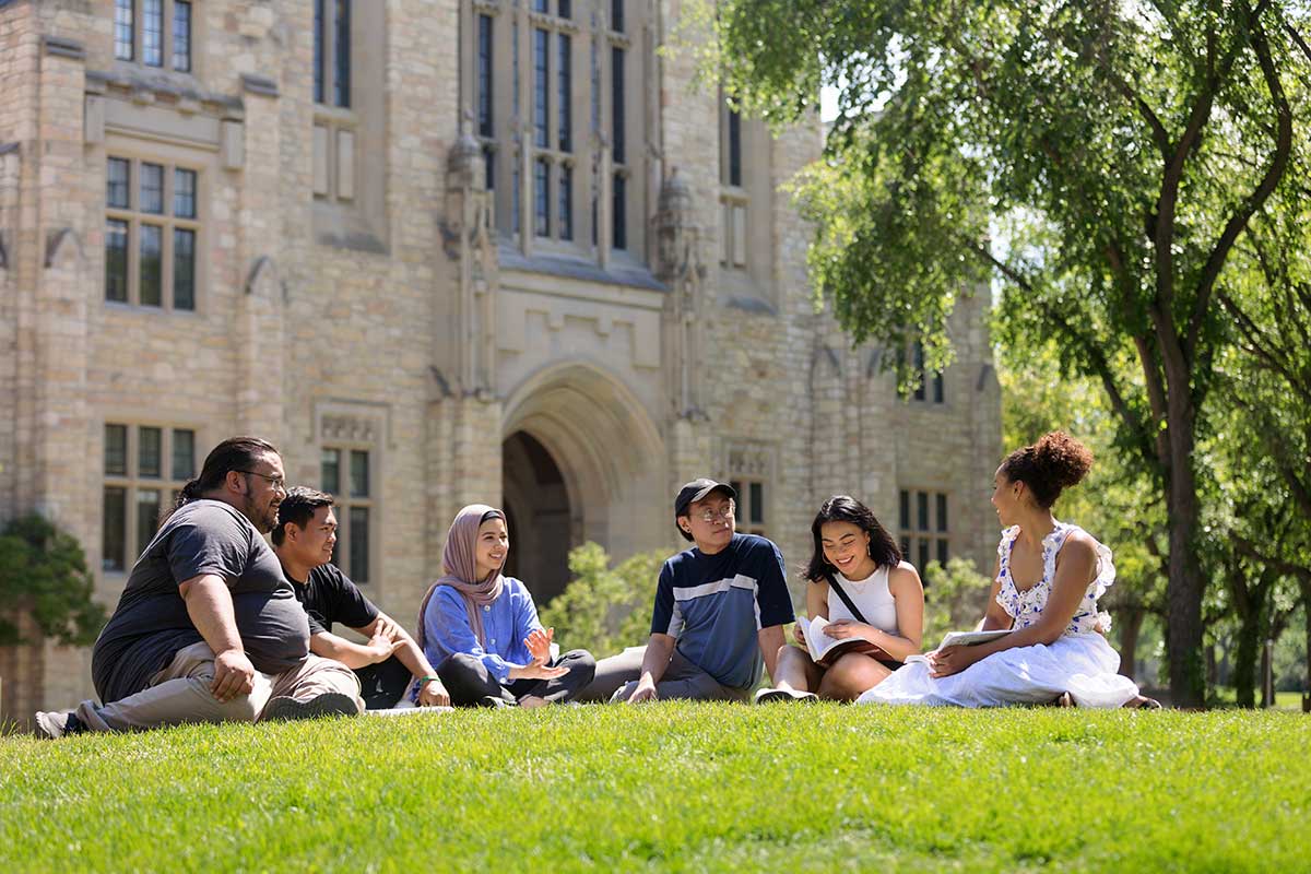 Students on the USask campus in the springtime